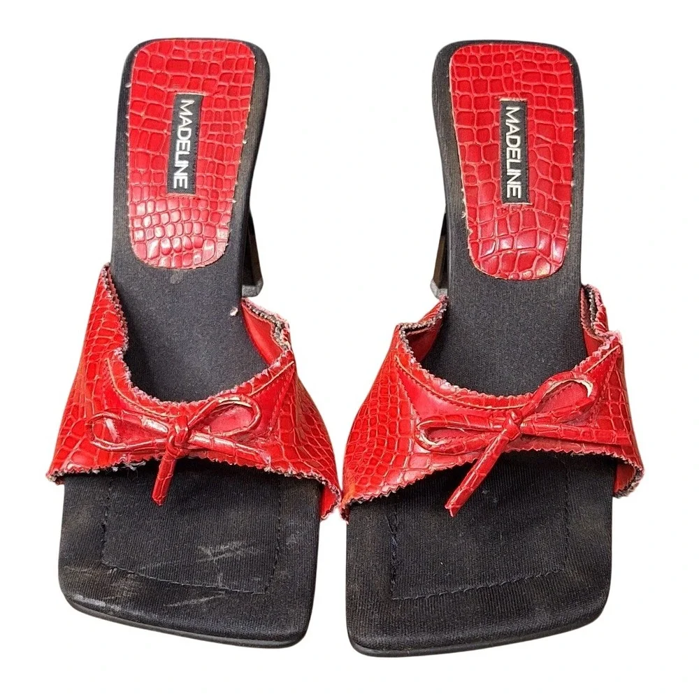 Madeline Womens Red Croc Embossed Square Toe Bow Slide Sandals Flared Heel Y2K